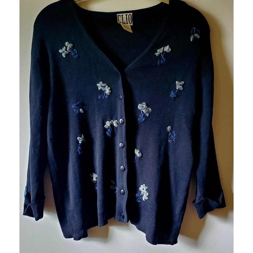 Vintage Clio Womens L Black Silk Cotton Cardigan Sweater Ribbon Flowers Cottage
